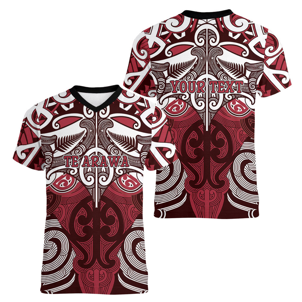 Personalised Maori Te Arawa Women V-Neck T-Shirt Silver Fern Kowhaiwhai Art