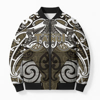 Personalised Maori Waikato Tainui Bomber Puffer Jacket Silver Fern Kowhaiwhai Art LT01 Unisex Muted Gold - Polynesian Pride