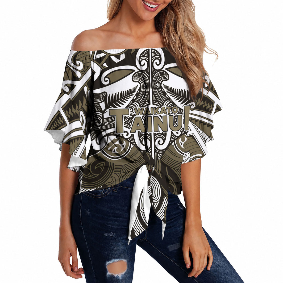 Personalised Maori Waikato Tainui Off Shoulder Wrap Waist Top Silver Fern Kowhaiwhai Art