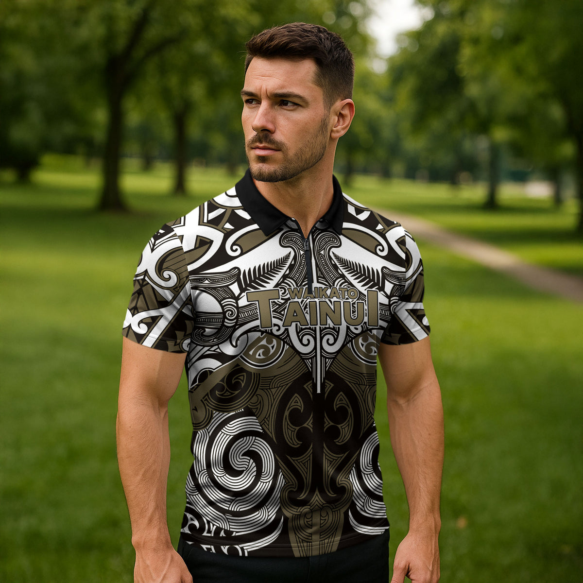Personalised Maori Waikato Tainui Zipper Polo Shirt Silver Fern Kowhaiwhai Art
