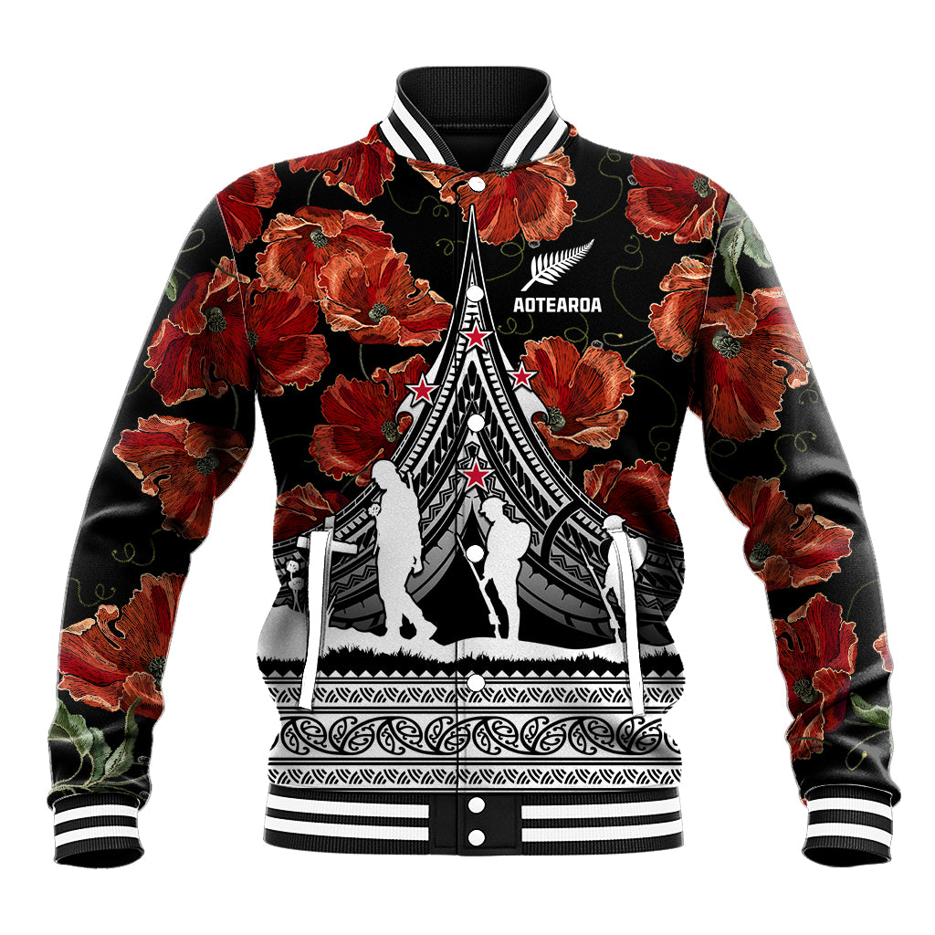New Zealand ANZAC Day Baseball Jacket Poppy With Polynesian Pattern LT01 Unisex Black - Polynesian Pride