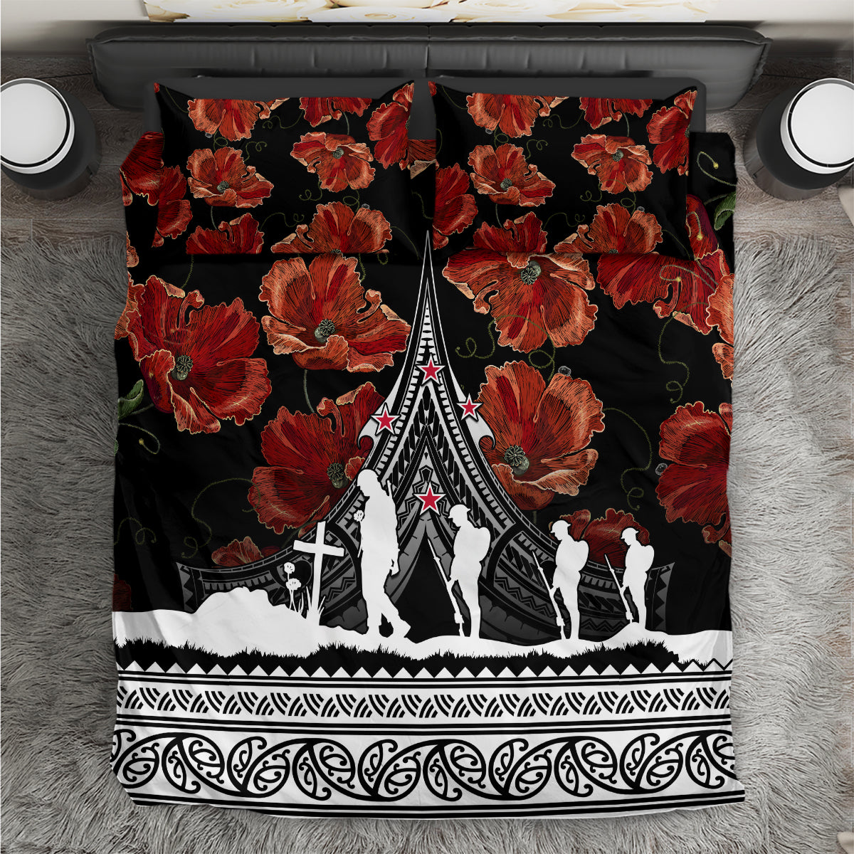 New Zealand ANZAC Day Bedding Set Poppy With Polynesian Pattern LT01 Black - Polynesian Pride