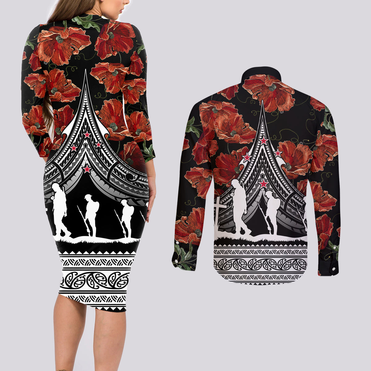 New Zealand ANZAC Day Couples Matching Long Sleeve Bodycon Dress and Long Sleeve Button Shirt Poppy With Polynesian Pattern LT01 - Polynesian Pride