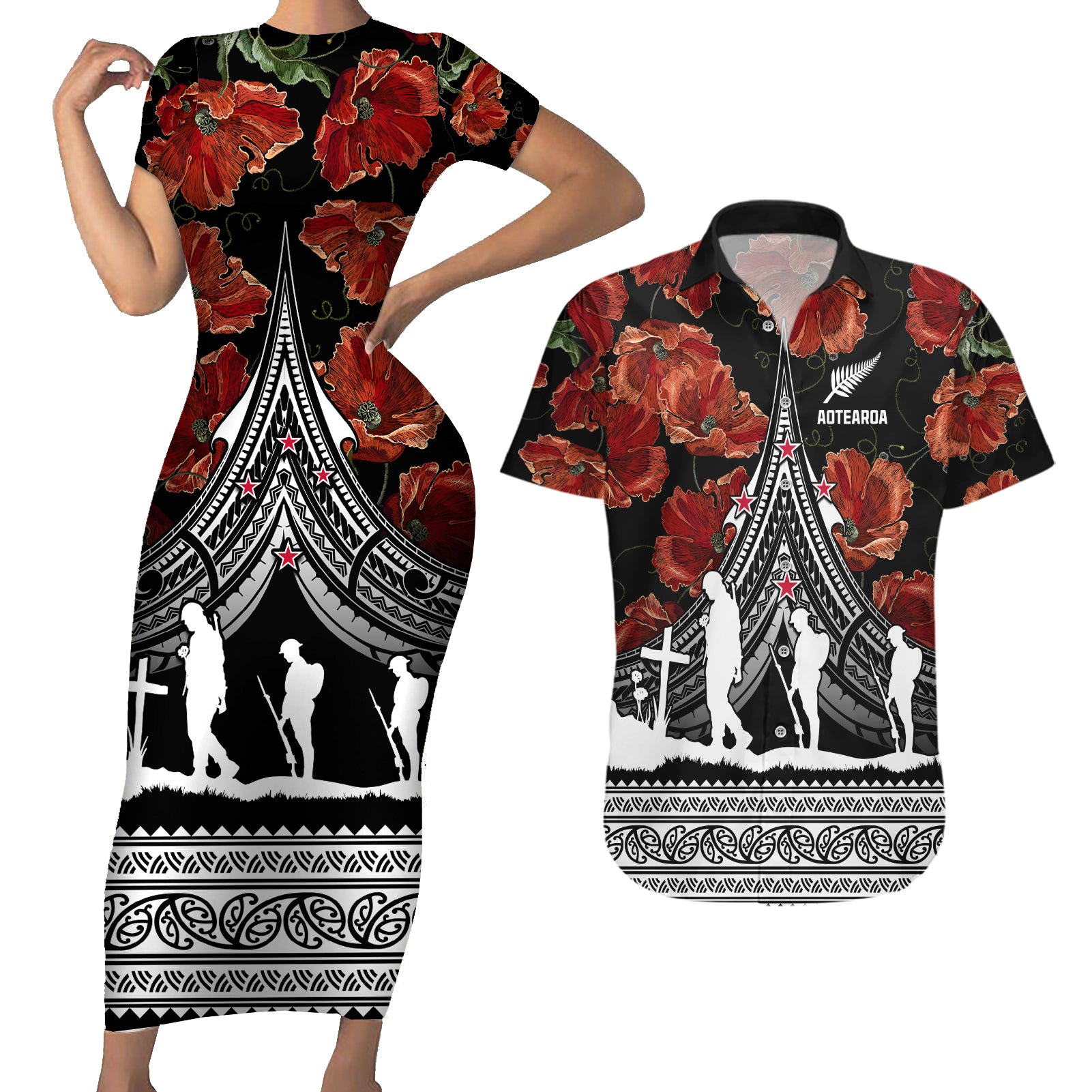 New Zealand ANZAC Day Couples Matching Short Sleeve Bodycon Dress and Hawaiian Shirt Poppy With Polynesian Pattern LT01 Black - Polynesian Pride