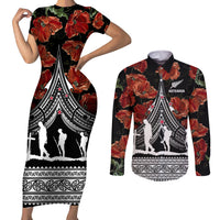 New Zealand ANZAC Day Couples Matching Short Sleeve Bodycon Dress and Long Sleeve Button Shirt Poppy With Polynesian Pattern LT01 Black - Polynesian Pride