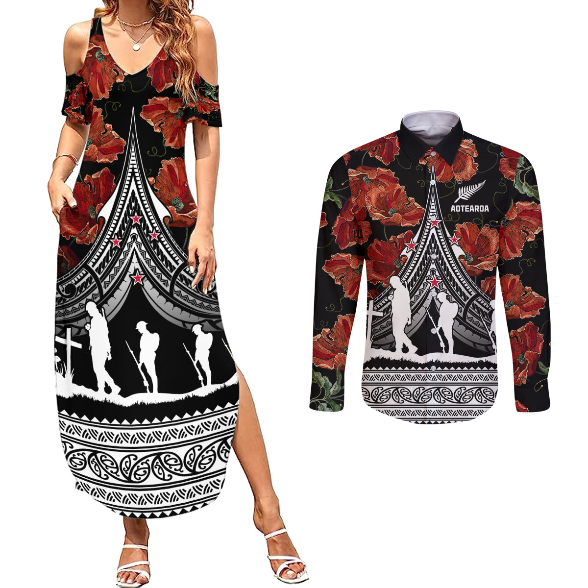 New Zealand ANZAC Day Couples Matching Summer Maxi Dress and Long Sleeve Button Shirt Poppy With Polynesian Pattern LT01 Black - Polynesian Pride
