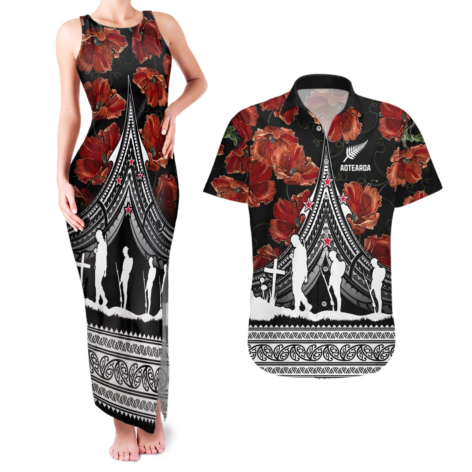 New Zealand ANZAC Day Couples Matching Tank Maxi Dress and Hawaiian Shirt Poppy With Polynesian Pattern LT01 Black - Polynesian Pride