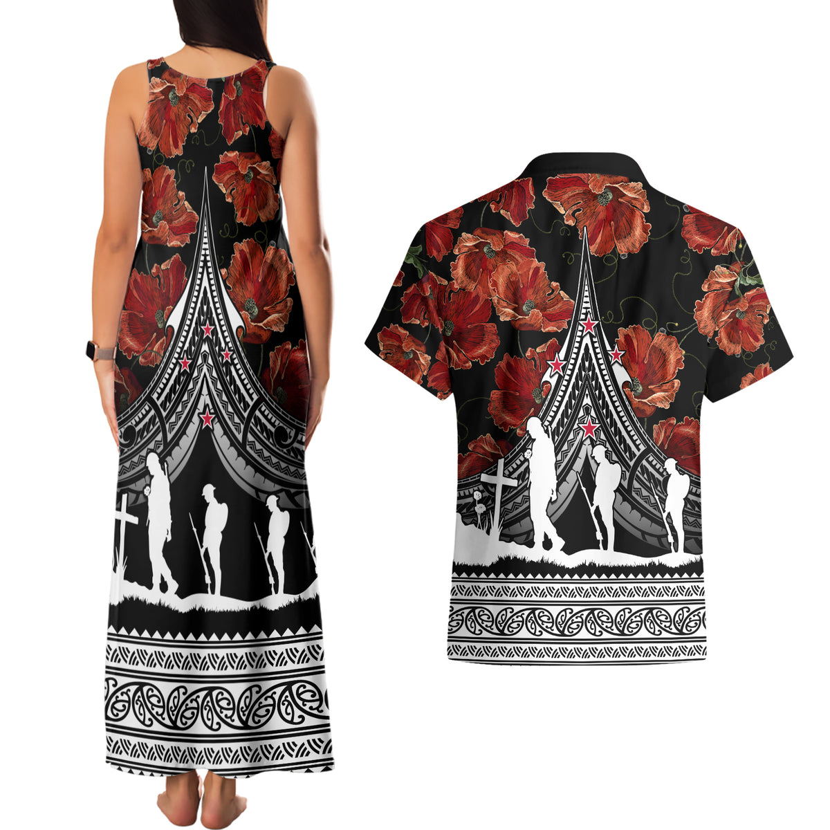 New Zealand ANZAC Day Couples Matching Tank Maxi Dress and Hawaiian Shirt Poppy With Polynesian Pattern LT01 - Polynesian Pride