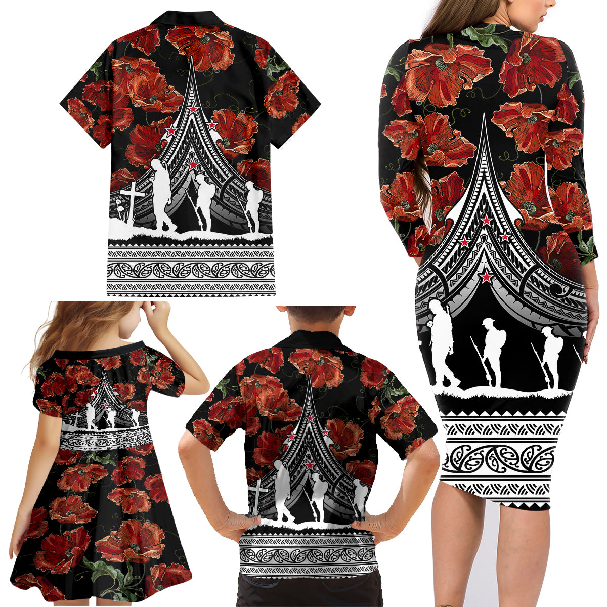 New Zealand ANZAC Day Family Matching Long Sleeve Bodycon Dress and Hawaiian Shirt Poppy With Polynesian Pattern LT01 - Polynesian Pride