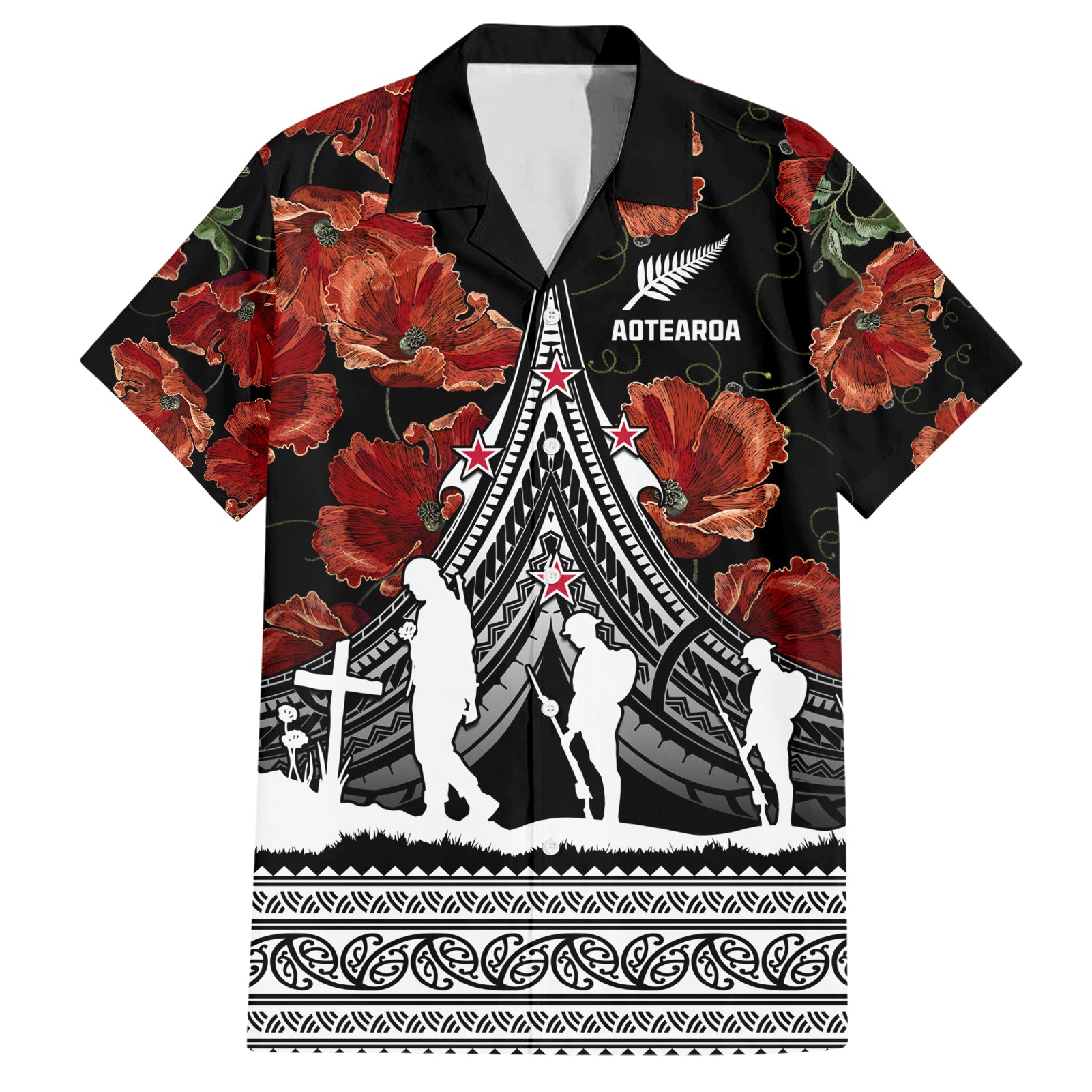 New Zealand ANZAC Day Hawaiian Shirt Poppy With Polynesian Pattern LT01 Black - Polynesian Pride