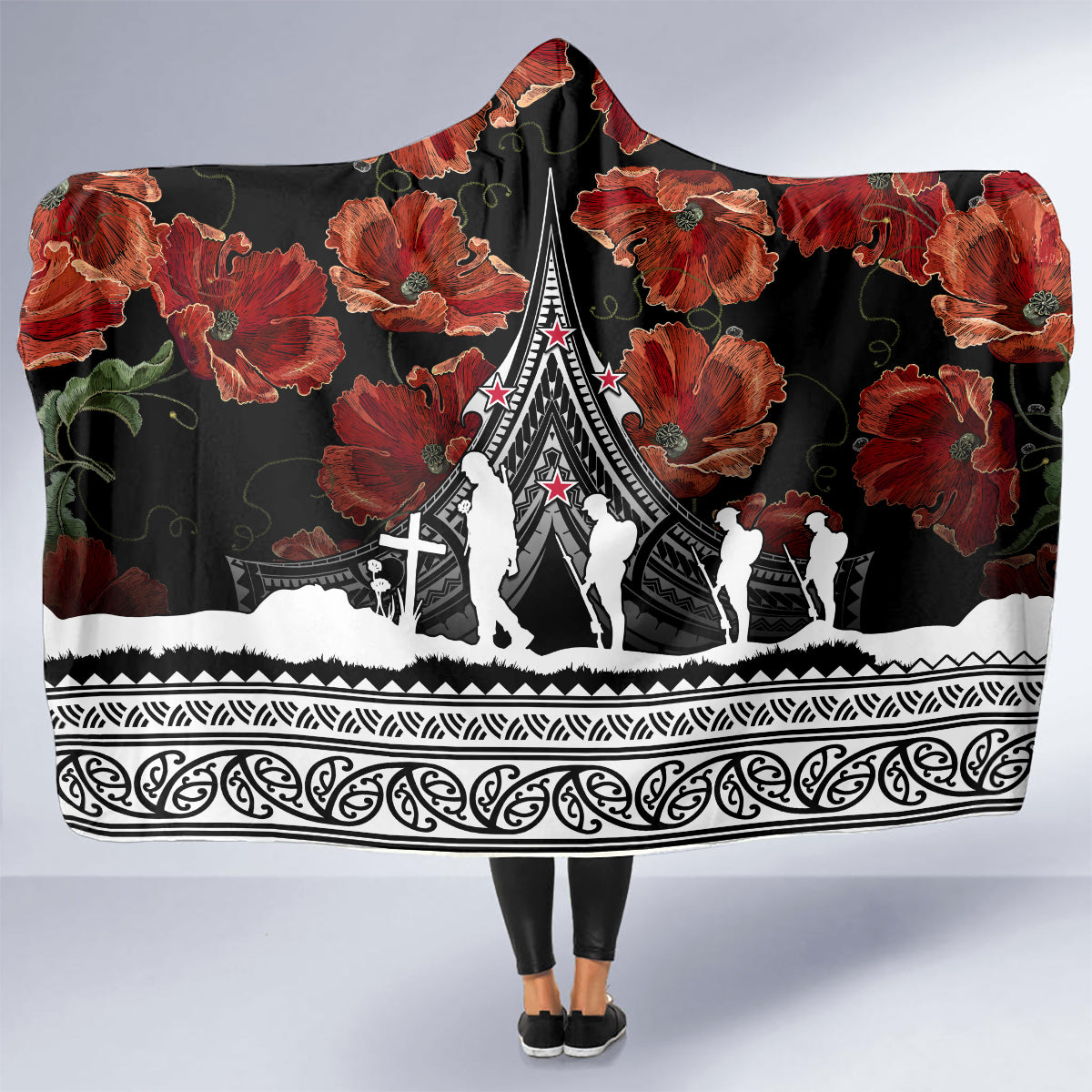 New Zealand ANZAC Day Hooded Blanket Poppy With Polynesian Pattern LT01 - Polynesian Pride