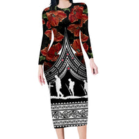 New Zealand ANZAC Day Long Sleeve Bodycon Dress Poppy With Polynesian Pattern LT01 Long Dress Black - Polynesian Pride
