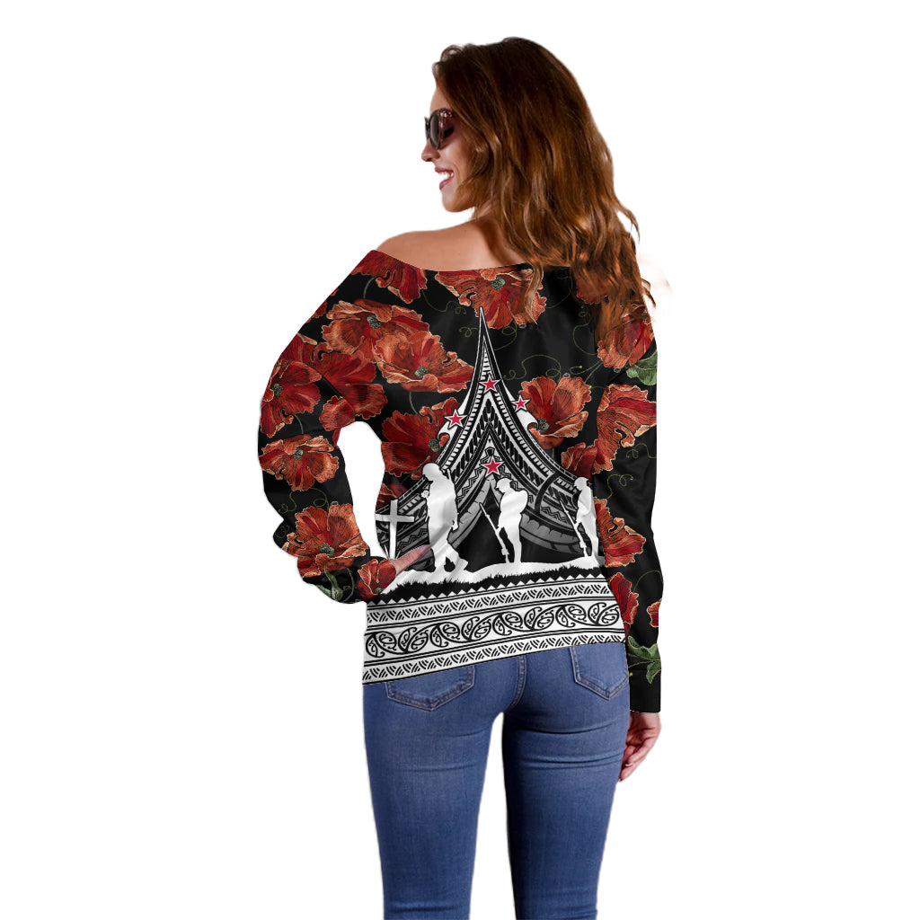 New Zealand ANZAC Day Off Shoulder Sweater Poppy With Polynesian Pattern LT01 - Polynesian Pride