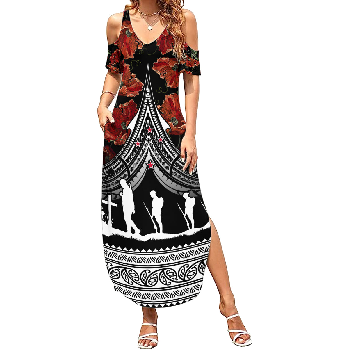 New Zealand ANZAC Day Summer Maxi Dress Poppy With Polynesian Pattern LT01 Women Black - Polynesian Pride