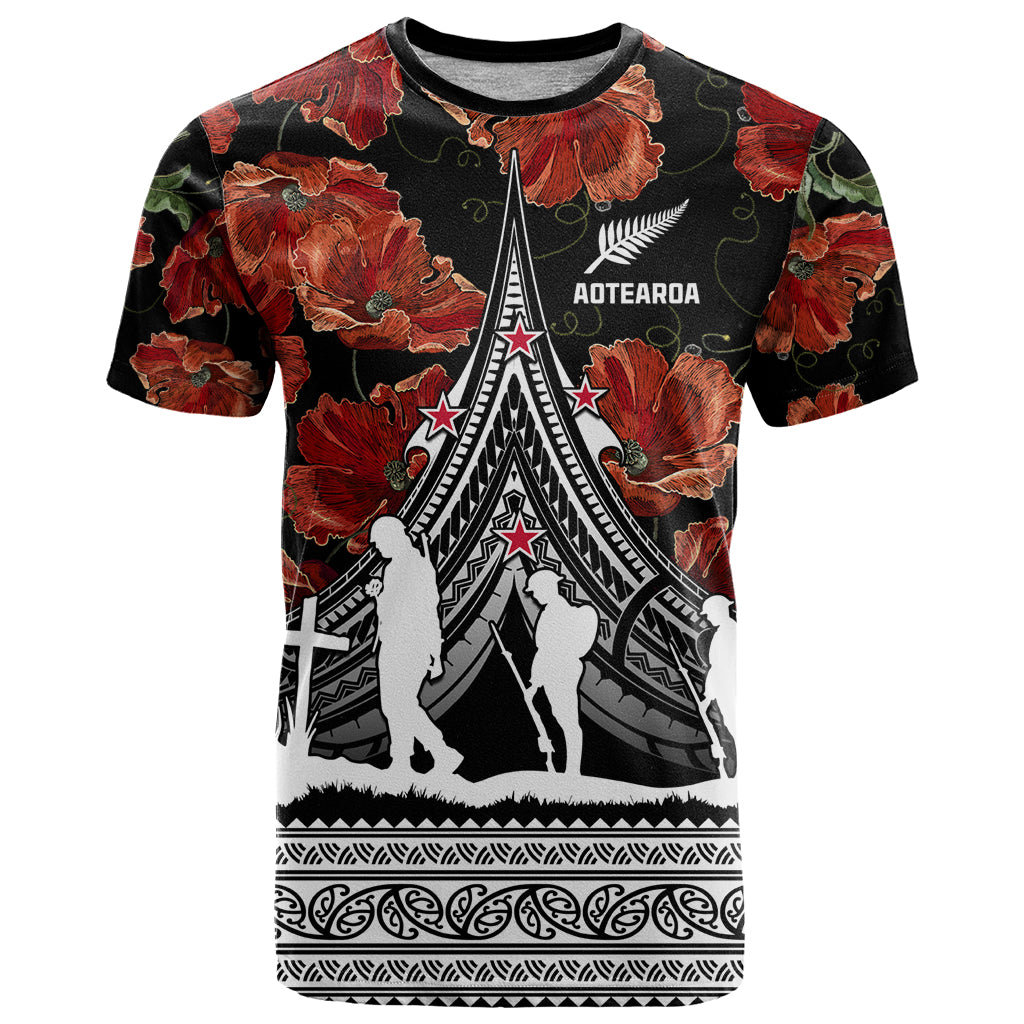 New Zealand ANZAC Day T Shirt Poppy With Polynesian Pattern LT01 Black - Polynesian Pride