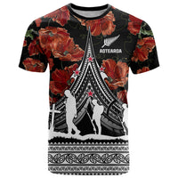 New Zealand ANZAC Day T Shirt Poppy With Polynesian Pattern LT01 Black - Polynesian Pride