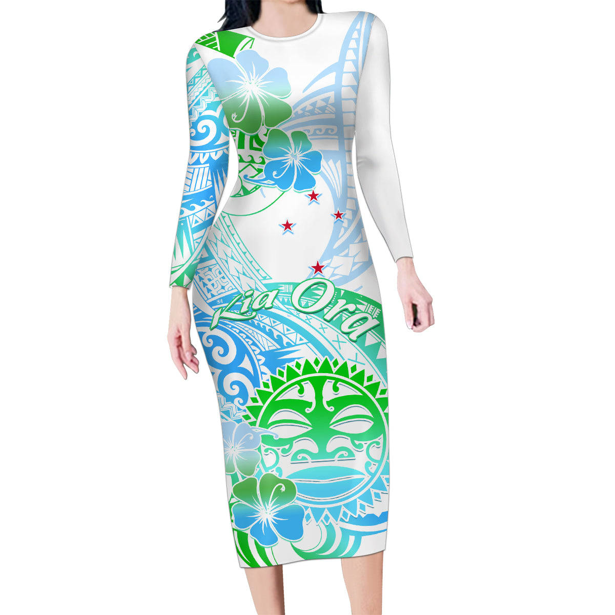 Kia Ora Maori New Zealand Pastel Family Matching Long Sleeve Bodycon Dress and Hawaiian Shirt Sun Ta Moko Aqua Green Version LT01 Mom's Dress Aqua - Polynesian Pride