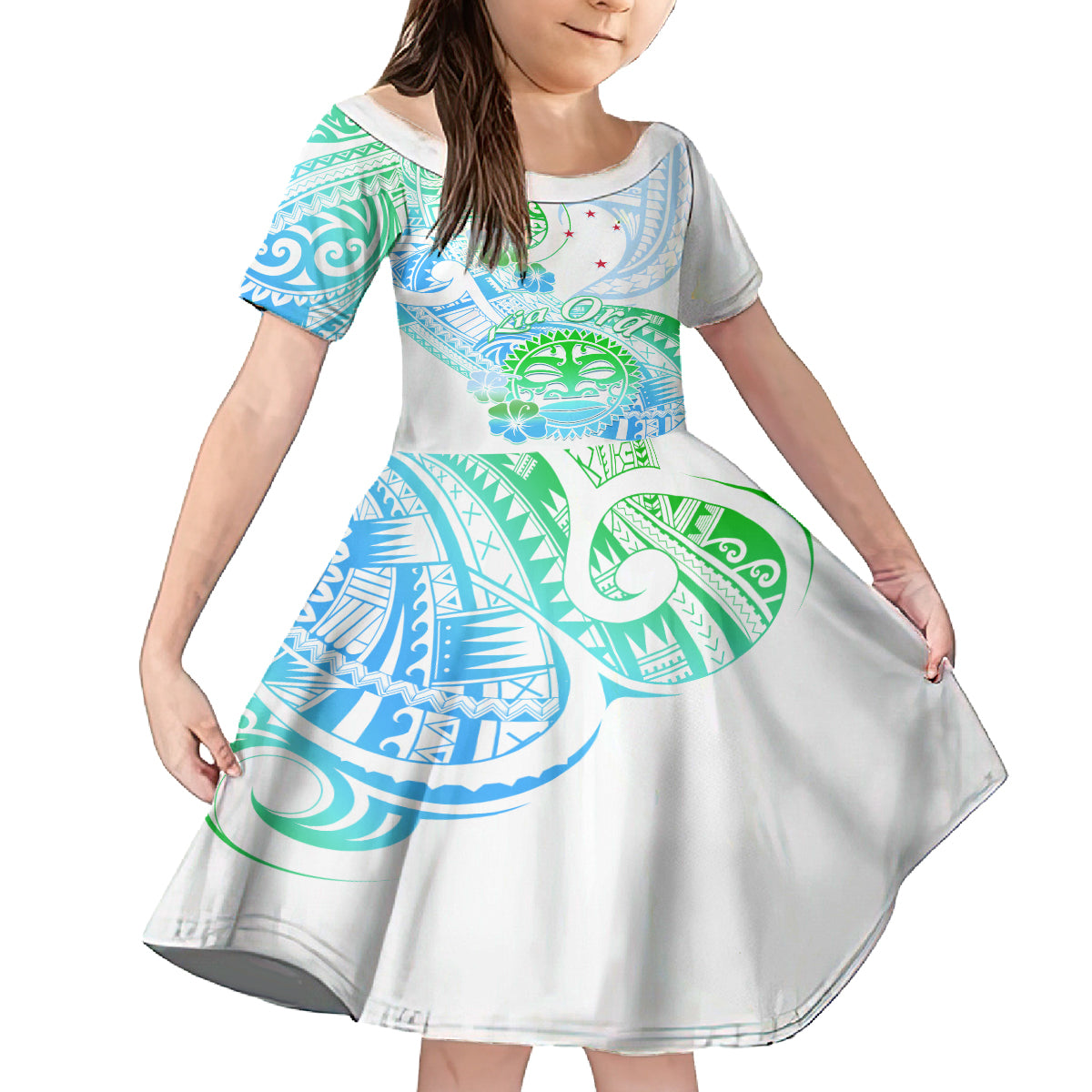 Kia Ora Maori New Zealand Pastel Family Matching Tank Maxi Dress and Hawaiian Shirt Sun Ta Moko Aqua Green Version LT01 Daughter's Dress Aqua - Polynesian Pride