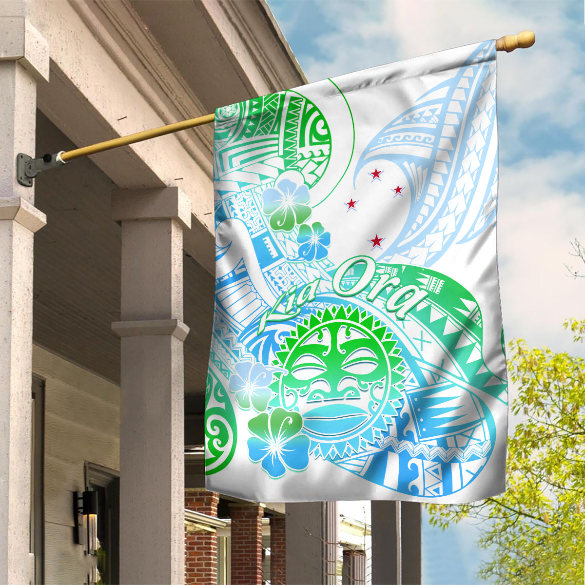 Kia Ora Maori New Zealand Pastel Garden Flag Sun Ta Moko Aqua Green Version LT01 House Flag Aqua - Polynesian Pride