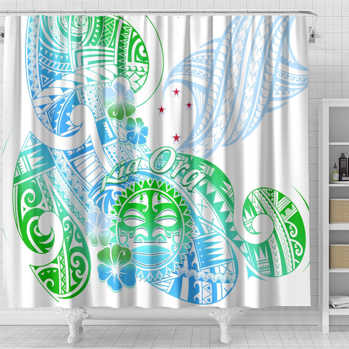 Kia Ora Maori New Zealand Pastel Shower Curtain Sun Ta Moko Aqua Green Version LT01 - Polynesian Pride