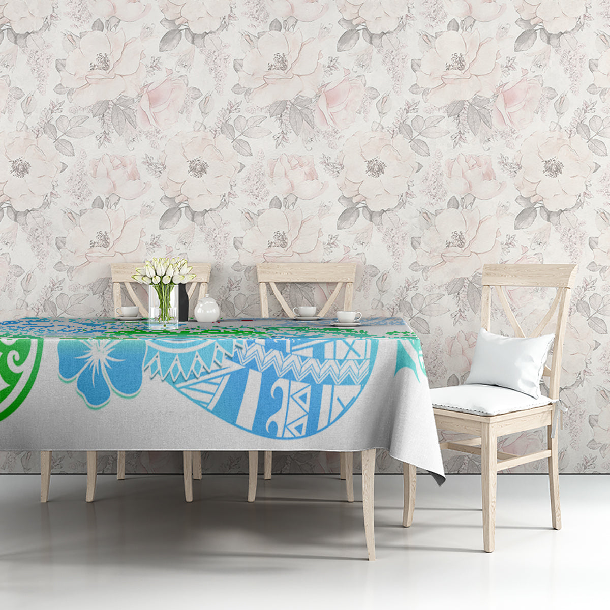 Kia Ora Maori New Zealand Pastel Tablecloth Sun Ta Moko Aqua Green Version LT01 - Polynesian Pride