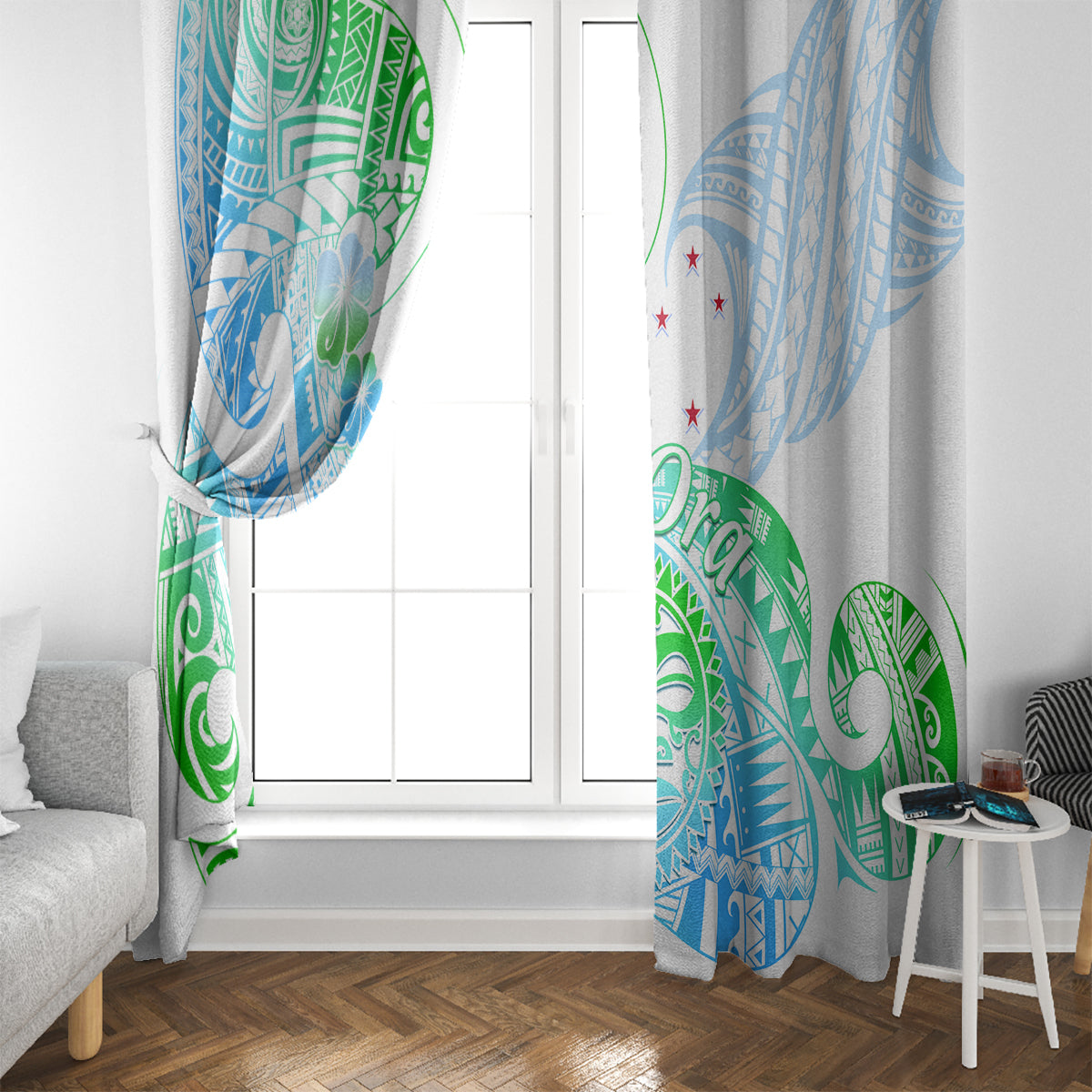 Kia Ora Maori New Zealand Pastel Window Curtain Sun Ta Moko Aqua Green Version LT01 - Polynesian Pride