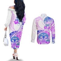 Kia Ora Maori New Zealand Pastel Couples Matching Off The Shoulder Long Sleeve Dress and Long Sleeve Button Shirt Sun Ta Moko Lilac Version LT01 - Polynesian Pride