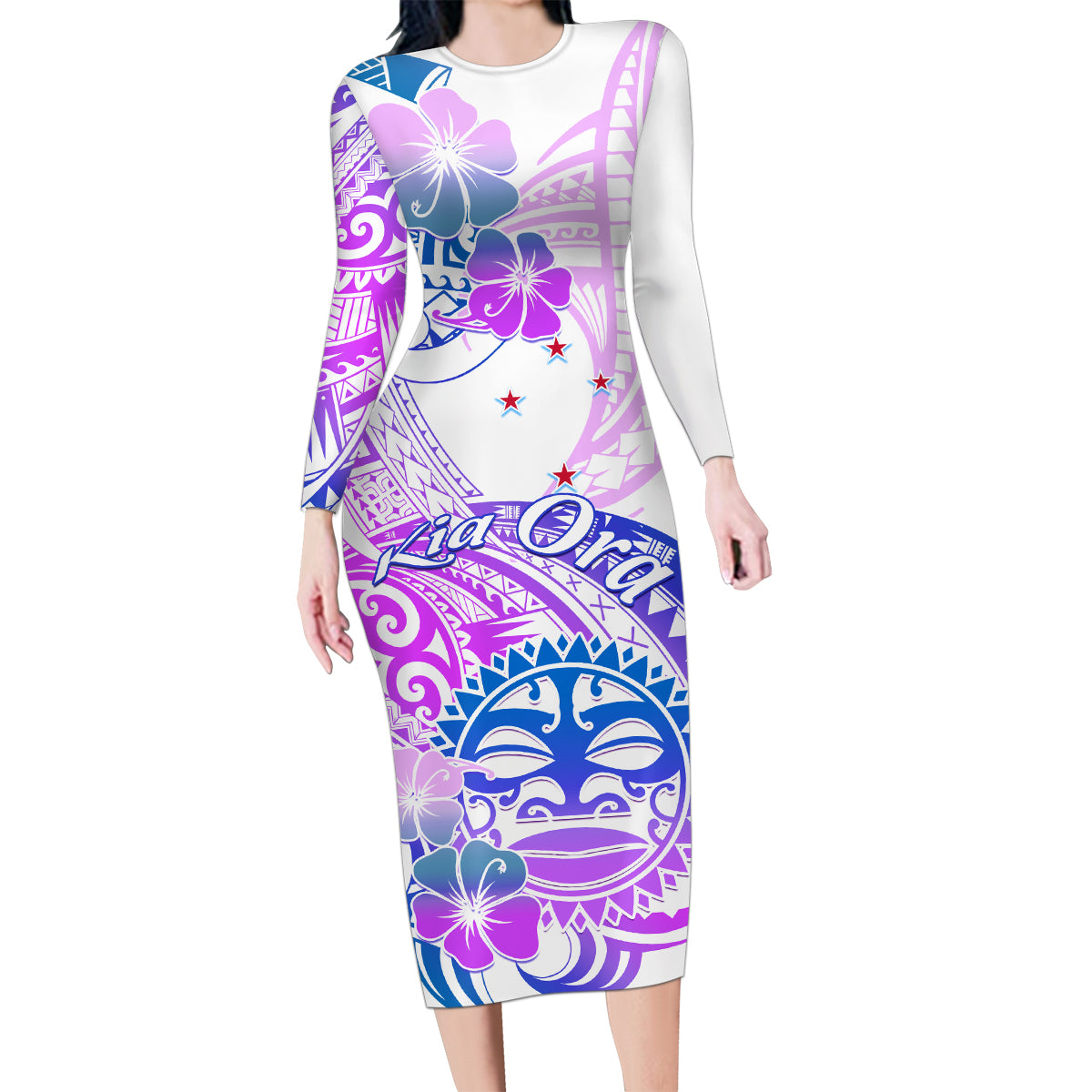 Kia Ora Maori New Zealand Pastel Family Matching Long Sleeve Bodycon Dress and Hawaiian Shirt Sun Ta Moko Lilac Version LT01 Mom's Dress Purple - Polynesian Pride