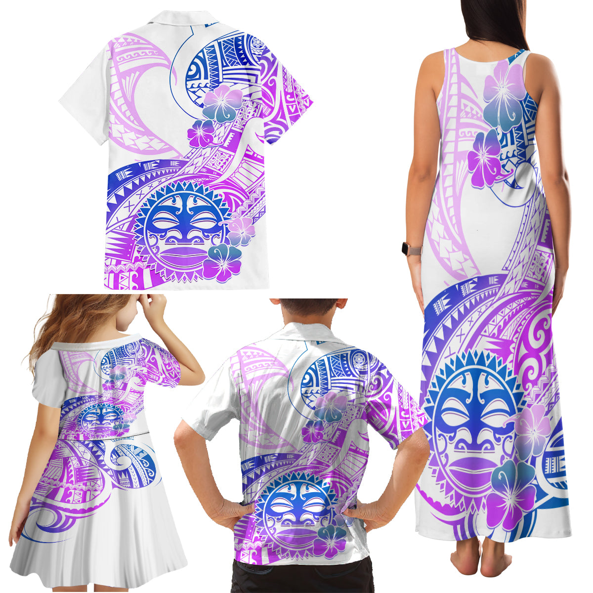 Kia Ora Maori New Zealand Pastel Family Matching Tank Maxi Dress and Hawaiian Shirt Sun Ta Moko Lilac Version LT01 - Polynesian Pride