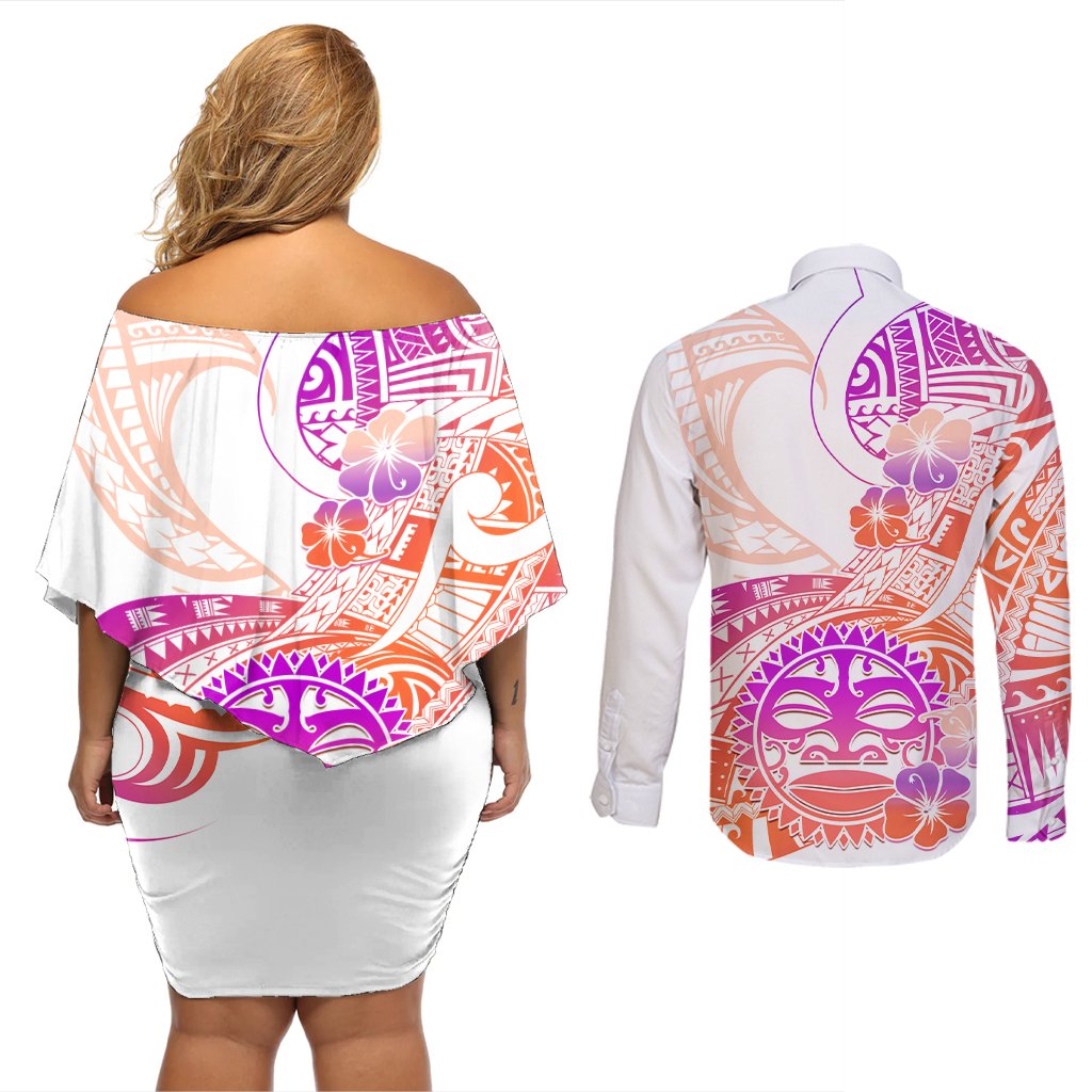 Kia Ora Maori New Zealand Pastel Couples Matching Off Shoulder Short Dress and Long Sleeve Button Shirt Sun Ta Moko Sunset Version LT01 - Polynesian Pride