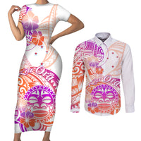 Kia Ora Maori New Zealand Pastel Couples Matching Short Sleeve Bodycon Dress and Long Sleeve Button Shirt Sun Ta Moko Sunset Version LT01 Orange - Polynesian Pride