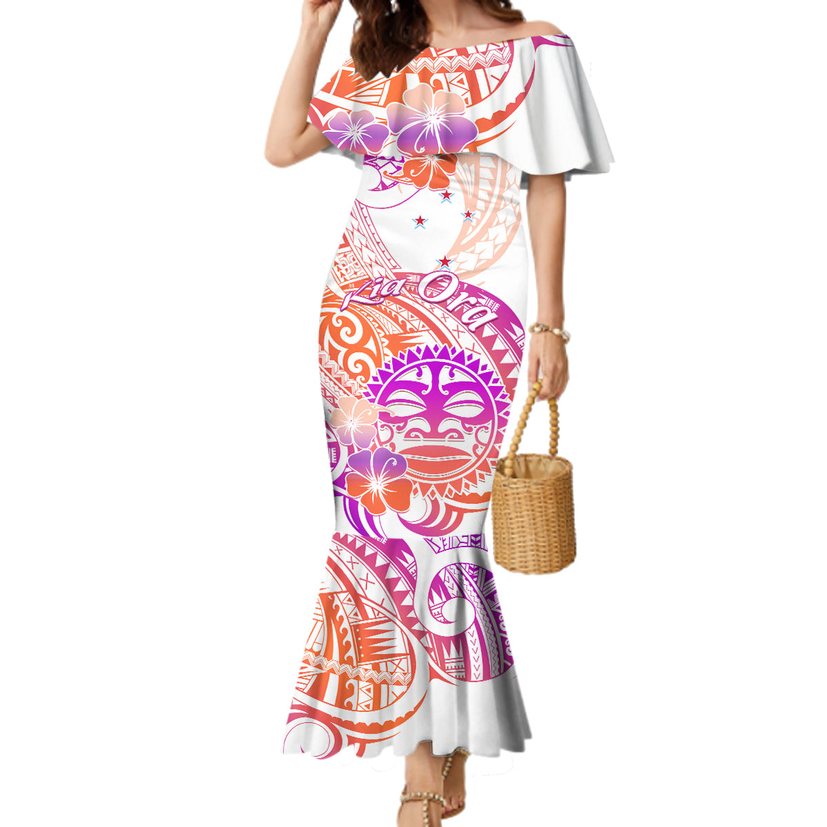 Kia Ora Maori New Zealand Pastel Family Matching Mermaid Dress and Hawaiian Shirt Sun Ta Moko Sunset Version LT01 Mom's Dress Orange - Polynesian Pride