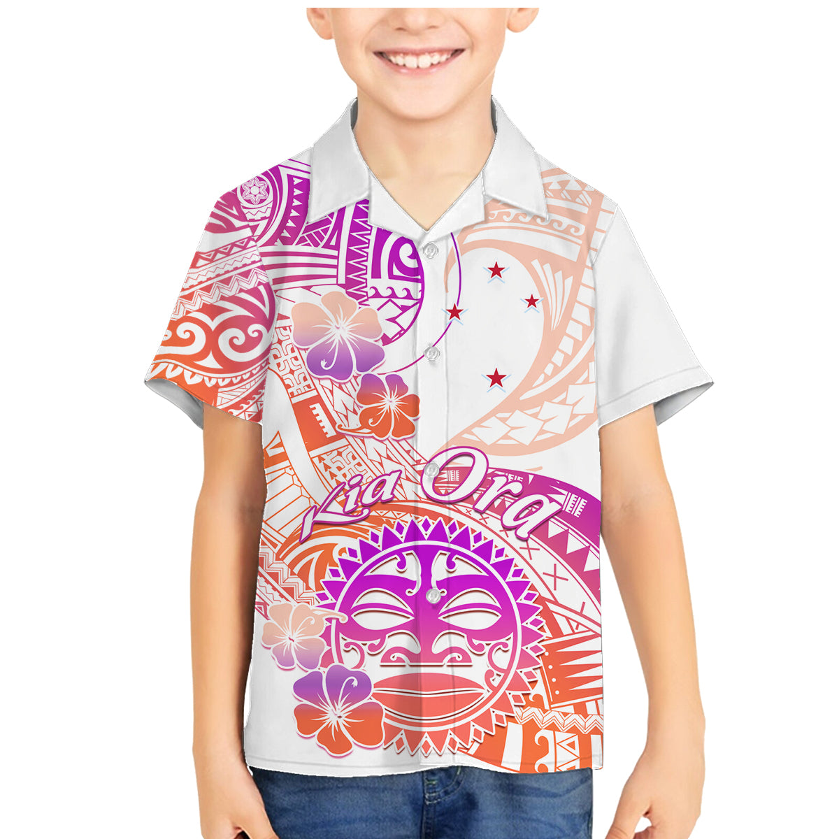 Kia Ora Maori New Zealand Pastel Family Matching Mermaid Dress and Hawaiian Shirt Sun Ta Moko Sunset Version LT01 Son's Shirt Orange - Polynesian Pride