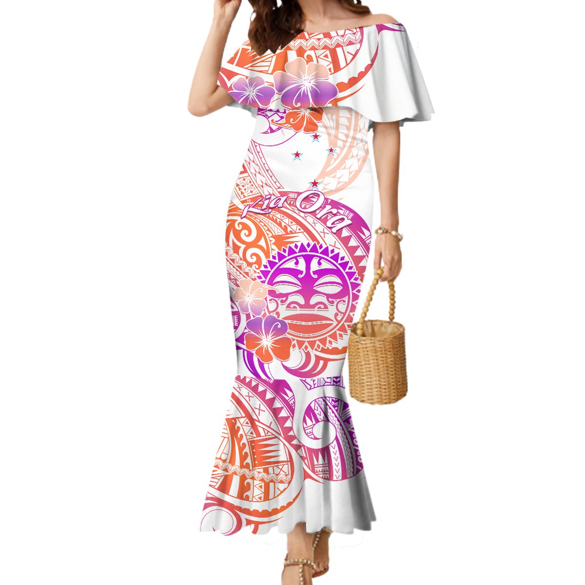 Kia Ora Maori New Zealand Pastel Mermaid Dress Sun Ta Moko Sunset Version LT01 Women Orange - Polynesian Pride