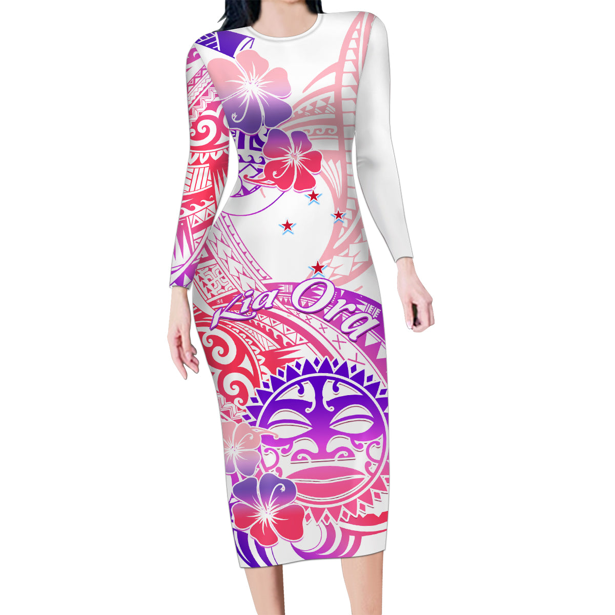 Kia Ora Maori New Zealand Pastel Family Matching Long Sleeve Bodycon Dress and Hawaiian Shirt Sun Ta Moko Sweet Version LT01 Mom's Dress Pink - Polynesian Pride