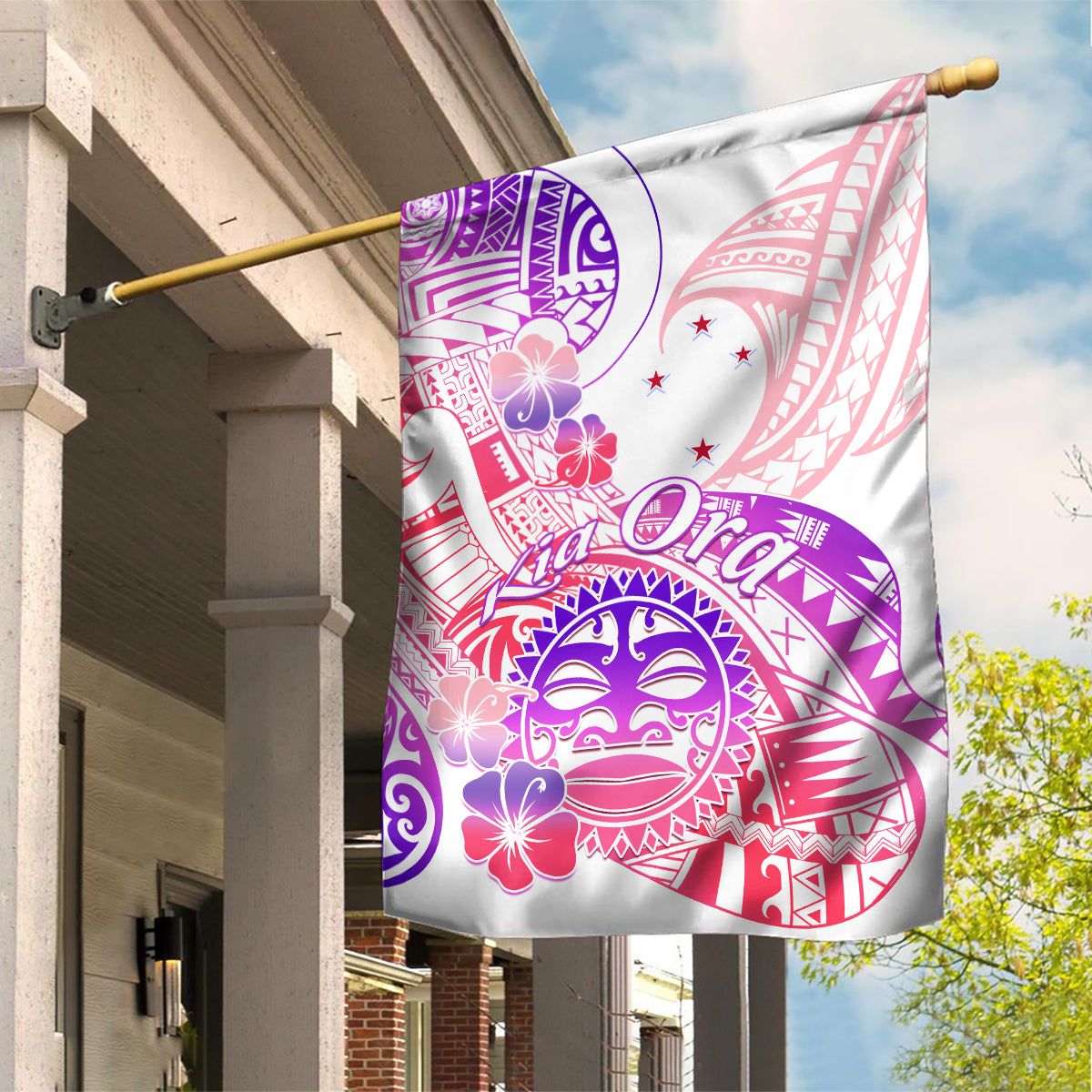 Kia Ora Maori New Zealand Pastel Garden Flag Sun Ta Moko Sweet Version LT01 House Flag Pink - Polynesian Pride