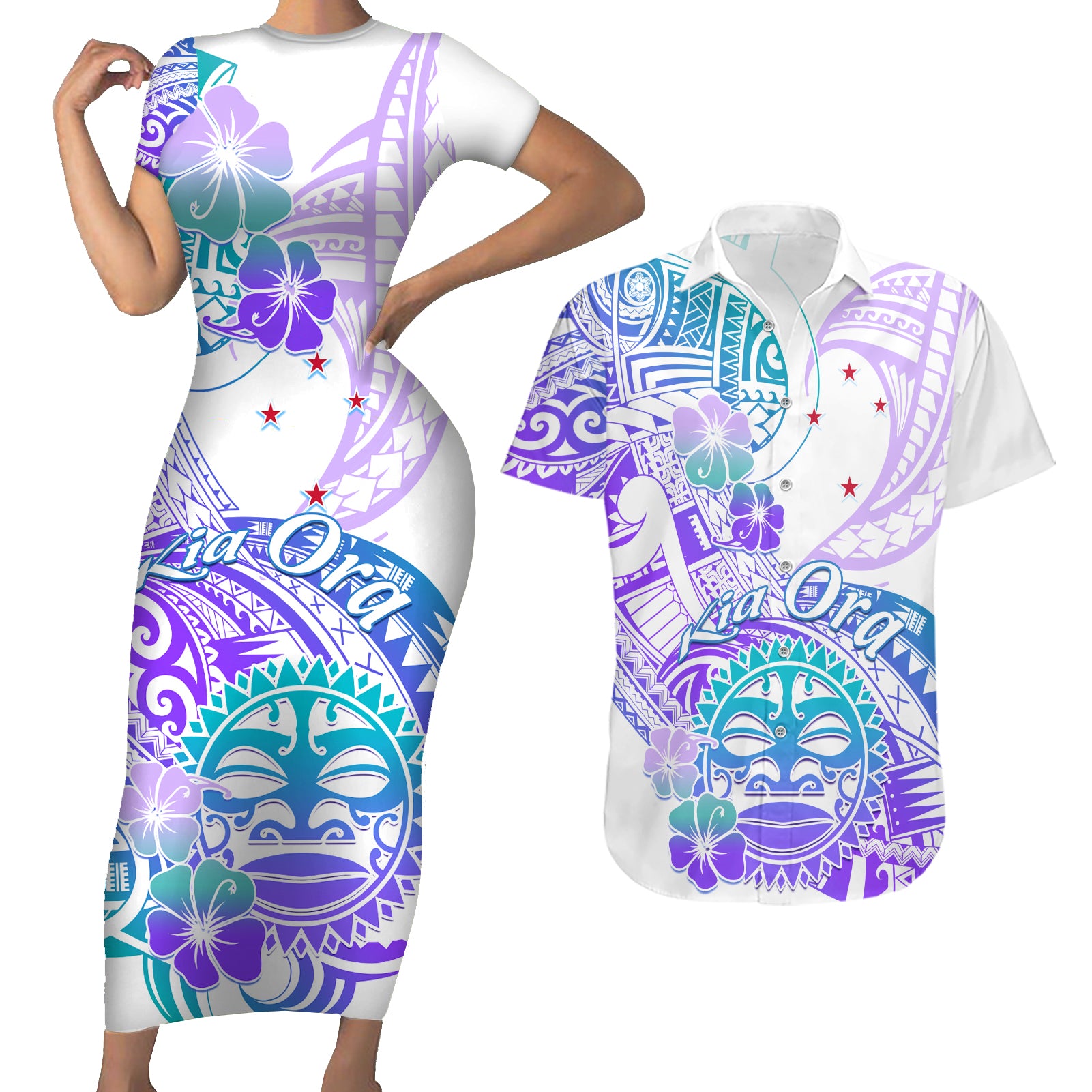 Kia Ora Maori New Zealand Pastel Couples Matching Short Sleeve Bodycon Dress and Hawaiian Shirt Sun Ta Moko Violet Version LT01 Purple - Polynesian Pride