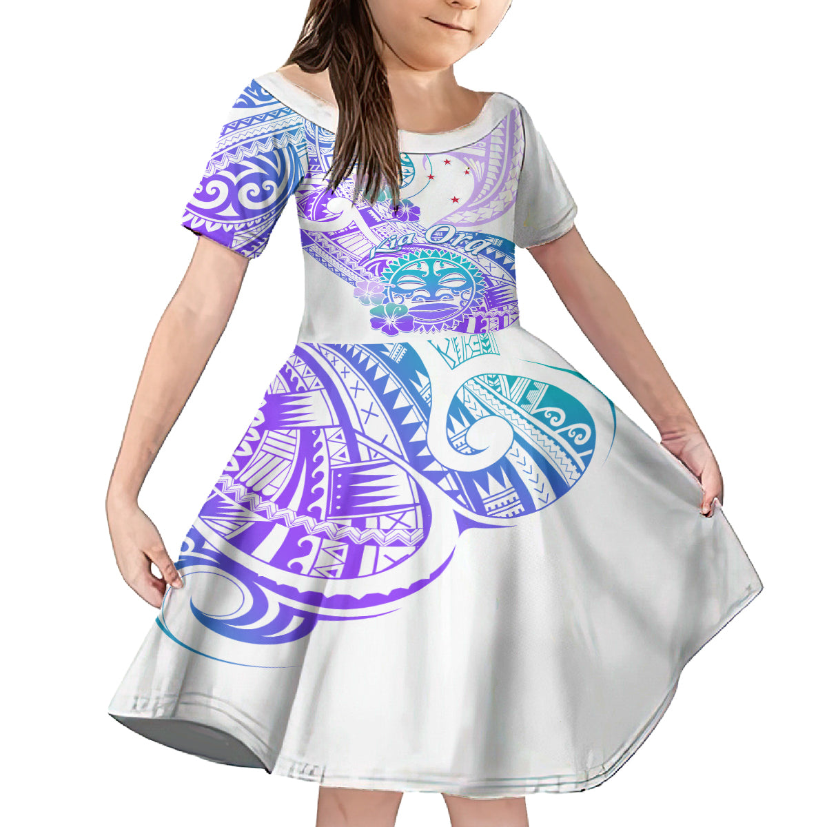 Kia Ora Maori New Zealand Pastel Family Matching Off Shoulder Long Sleeve Dress and Hawaiian Shirt Sun Ta Moko Violet Version LT01 Daughter's Dress Purple - Polynesian Pride