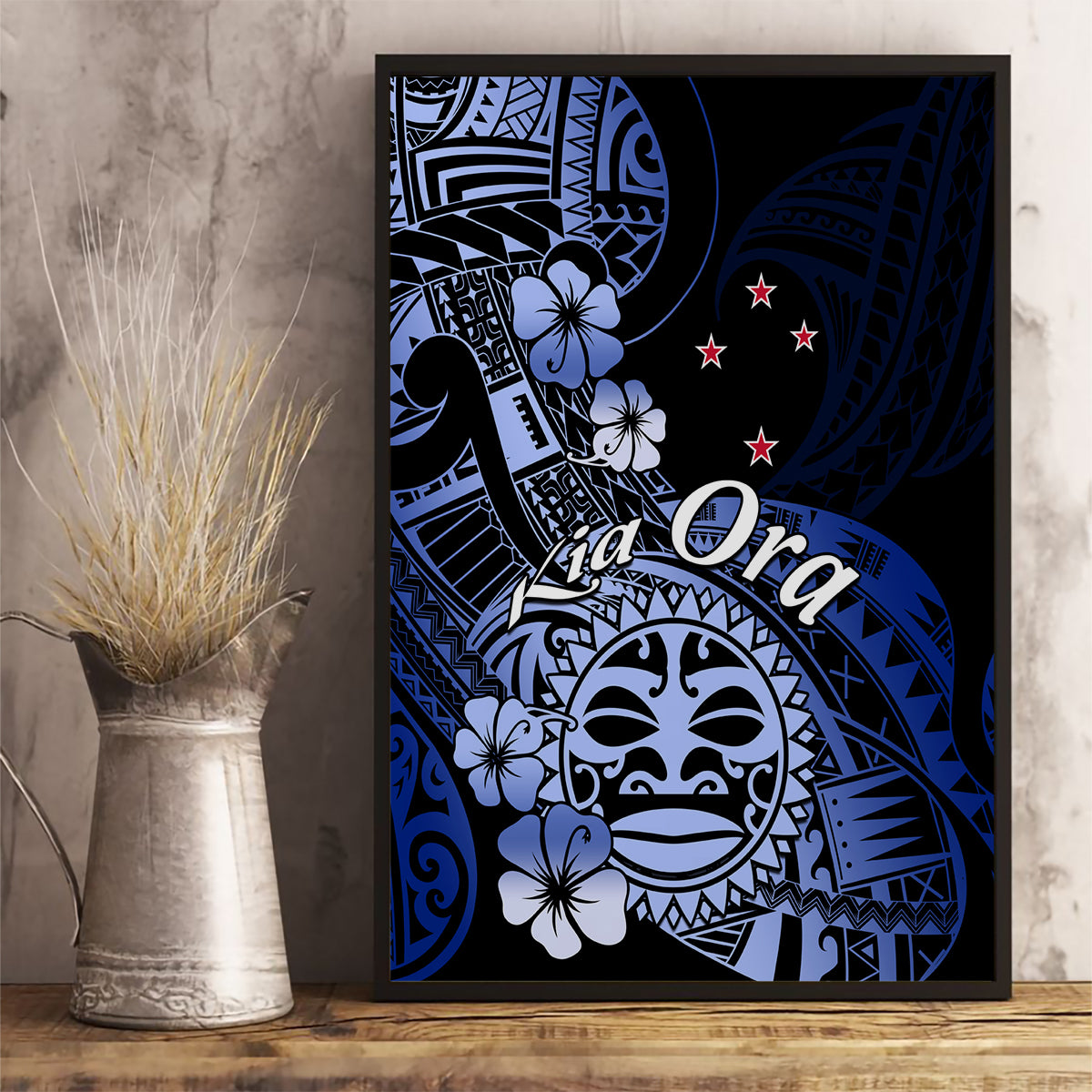 Aotearoa Kia Ora New Zealand Ta Moko Blue Version Canvas Wall Art LT01 - Polynesian Pride
