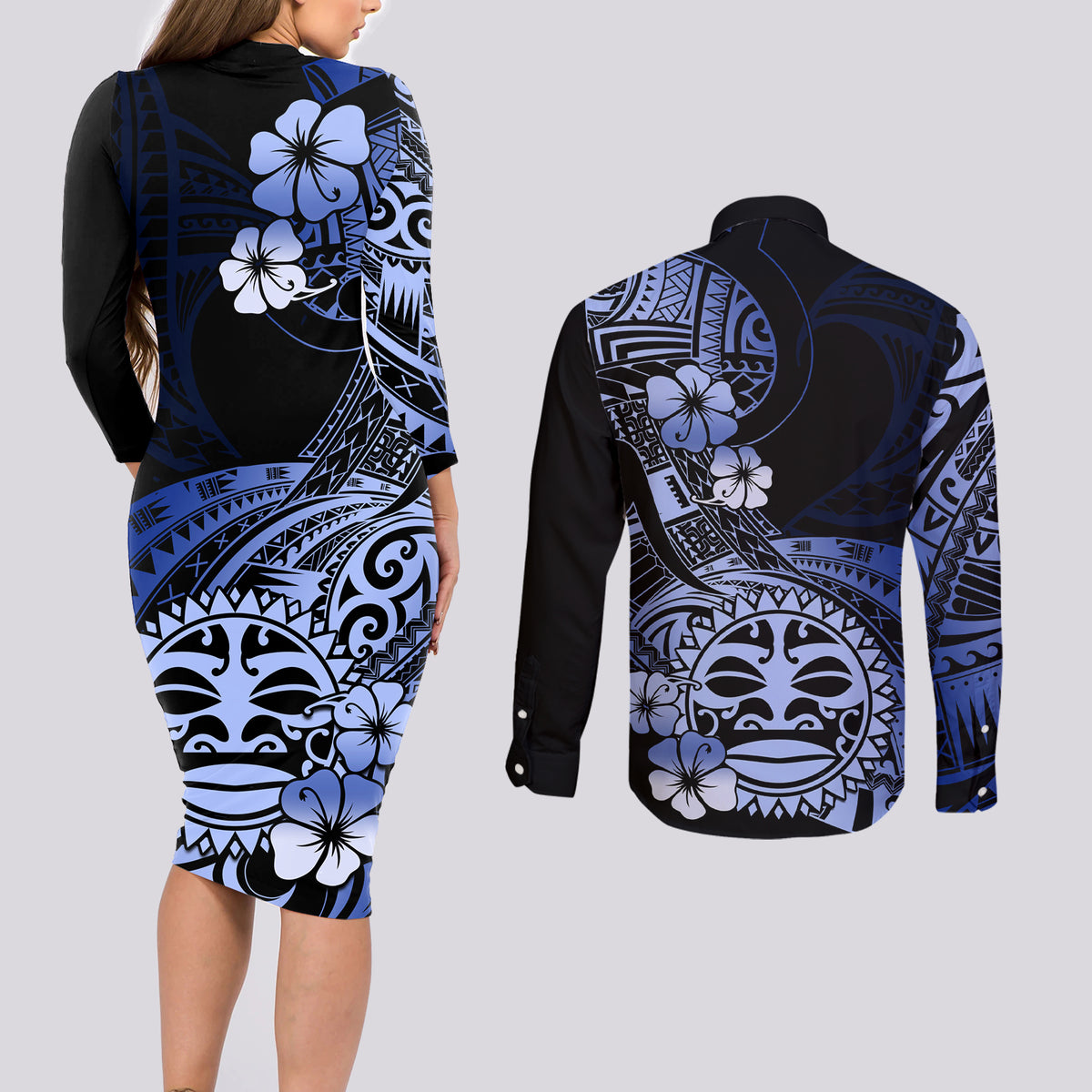 Aotearoa Kia Ora New Zealand Ta Moko Blue Version Couples Matching Long Sleeve Bodycon Dress and Long Sleeve Button Shirt LT01 - Polynesian Pride