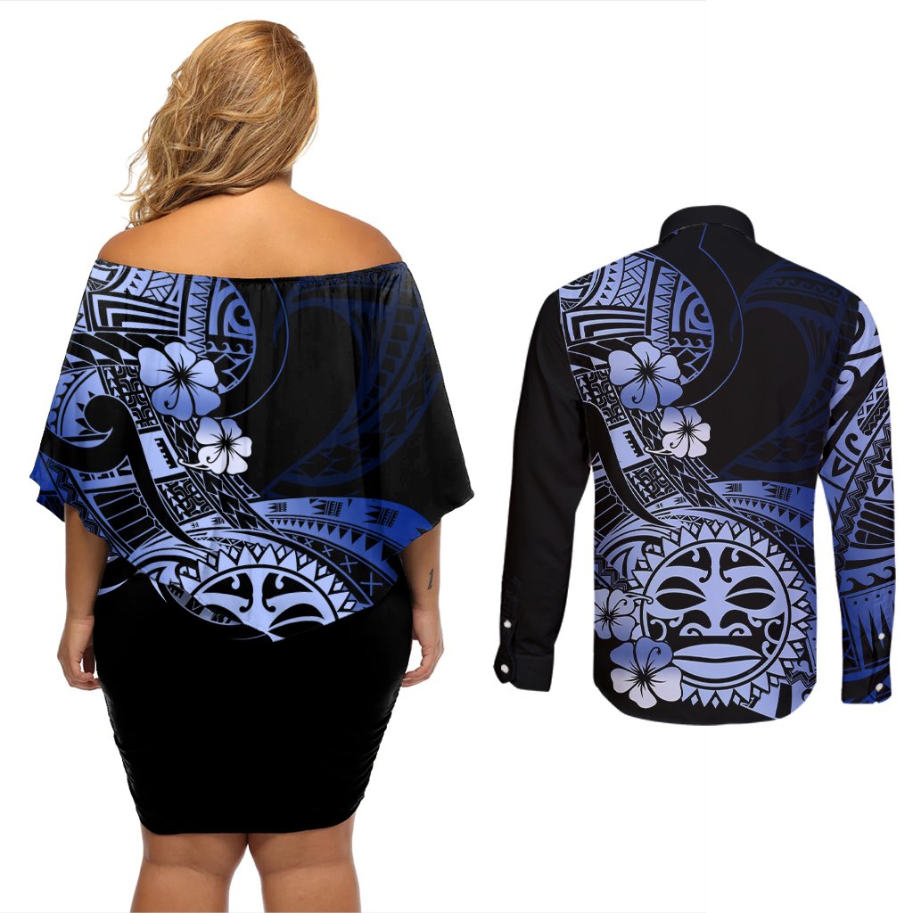 Aotearoa Kia Ora New Zealand Ta Moko Blue Version Couples Matching Off Shoulder Short Dress and Long Sleeve Button Shirt LT01 - Polynesian Pride
