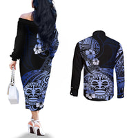 Aotearoa Kia Ora New Zealand Ta Moko Blue Version Couples Matching Off The Shoulder Long Sleeve Dress and Long Sleeve Button Shirt LT01 - Polynesian Pride