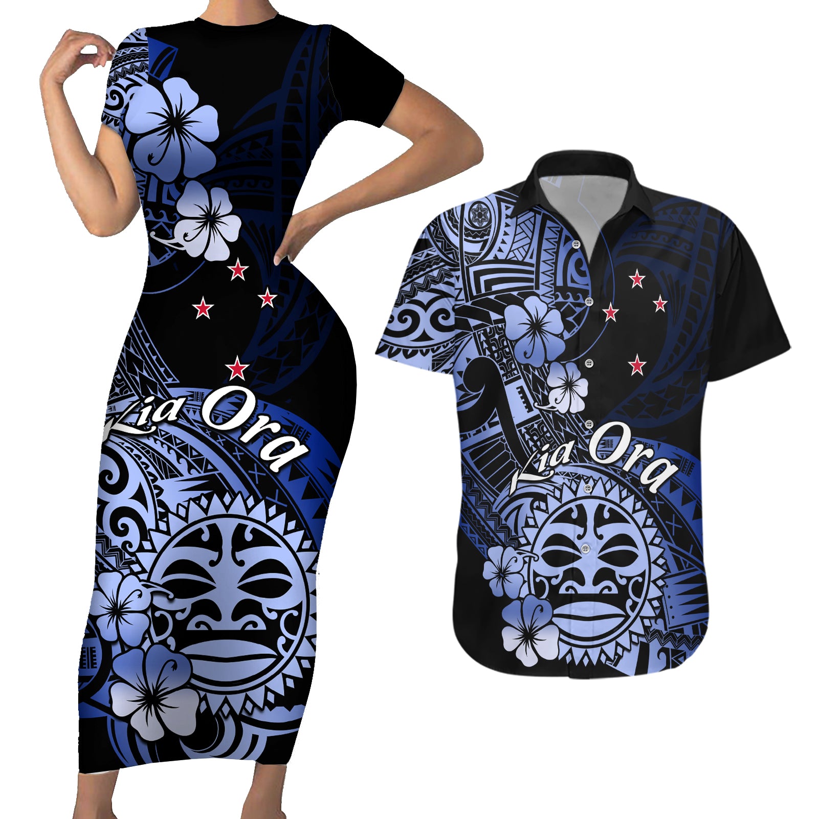 Aotearoa Kia Ora New Zealand Ta Moko Blue Version Couples Matching Short Sleeve Bodycon Dress and Hawaiian Shirt LT01 Blue - Polynesian Pride