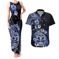 Aotearoa Kia Ora New Zealand Ta Moko Blue Version Couples Matching Tank Maxi Dress and Hawaiian Shirt LT01 Blue - Polynesian Pride