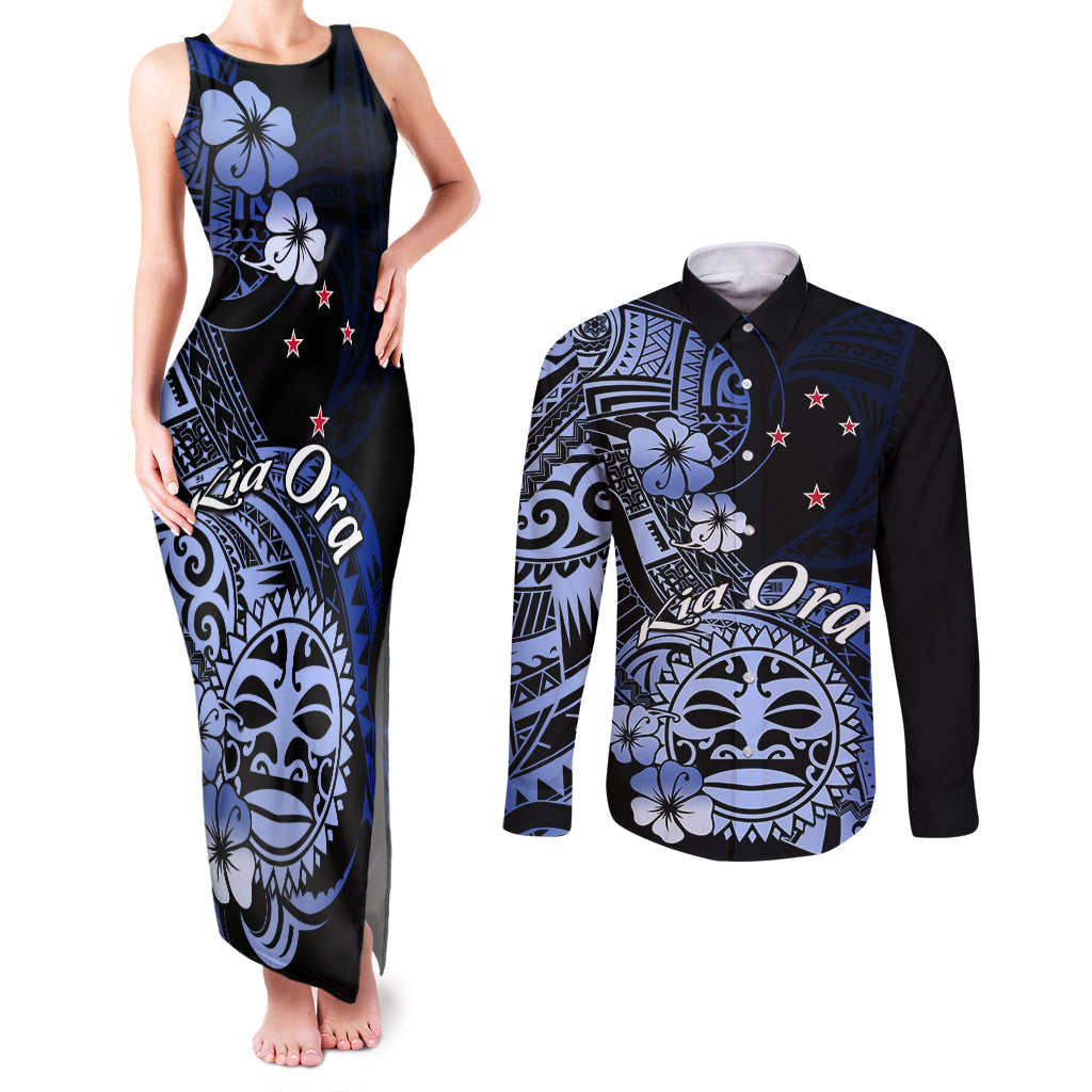 Aotearoa Kia Ora New Zealand Ta Moko Blue Version Couples Matching Tank Maxi Dress and Long Sleeve Button Shirt LT01 Blue - Polynesian Pride