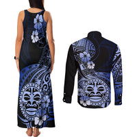 Aotearoa Kia Ora New Zealand Ta Moko Blue Version Couples Matching Tank Maxi Dress and Long Sleeve Button Shirt LT01 - Polynesian Pride