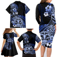 Aotearoa Kia Ora New Zealand Ta Moko Blue Version Family Matching Long Sleeve Bodycon Dress and Hawaiian Shirt LT01 - Polynesian Pride