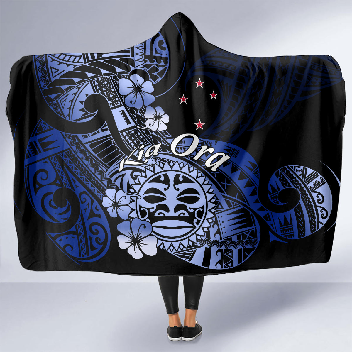 Aotearoa Kia Ora New Zealand Ta Moko Blue Version Hooded Blanket LT01 - Polynesian Pride