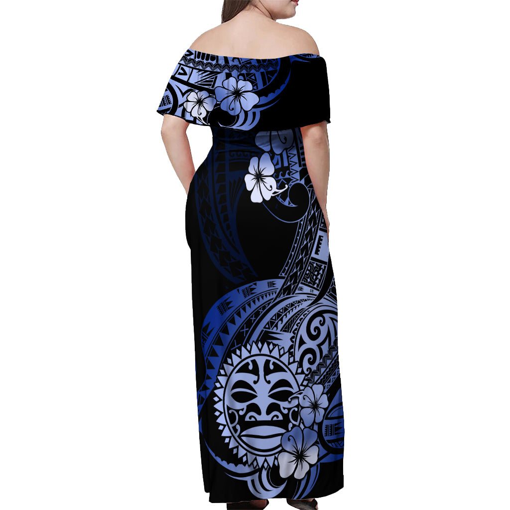 Aotearoa Kia Ora New Zealand Ta Moko Blue Version Off Shoulder Maxi Dress LT01 - Polynesian Pride