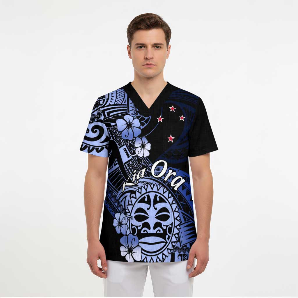 Aotearoa Kia Ora New Zealand Ta Moko Blue Version Scrub Top - Polynesian Pride